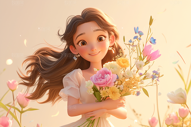手捧鲜花的少女立体人物素材