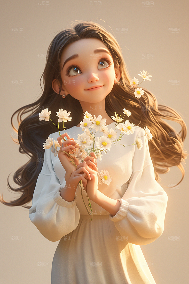 手捧鲜花的少女春天青春素材