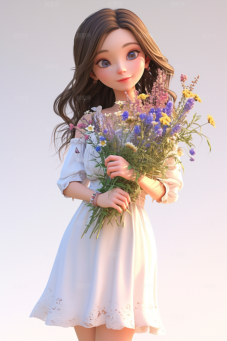 手捧鲜花的少女人物肖像素材