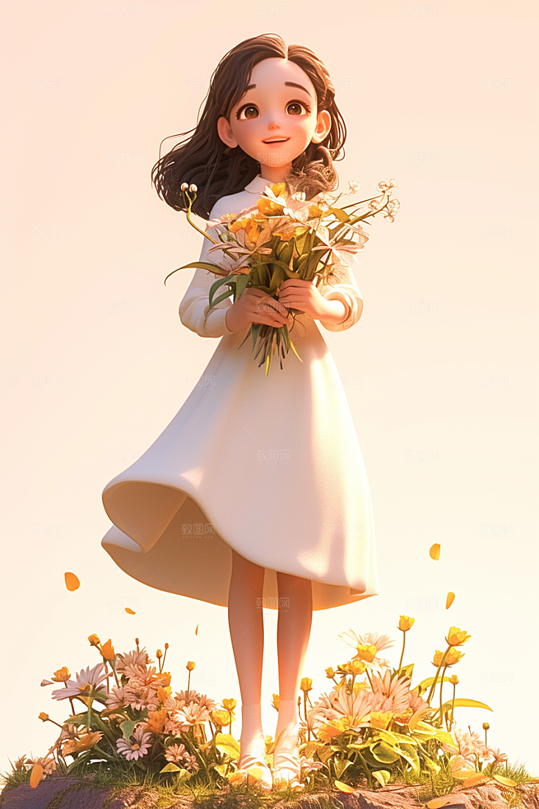 手捧鲜花的少女3D肖像素材