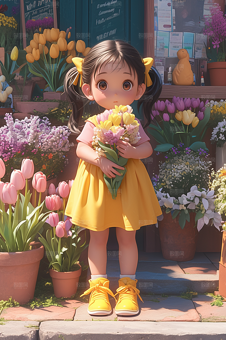 手捧鲜花的少女唯美人物素材