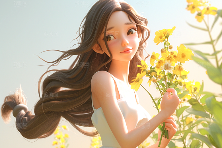 手捧鲜花的少女烂漫模型素材