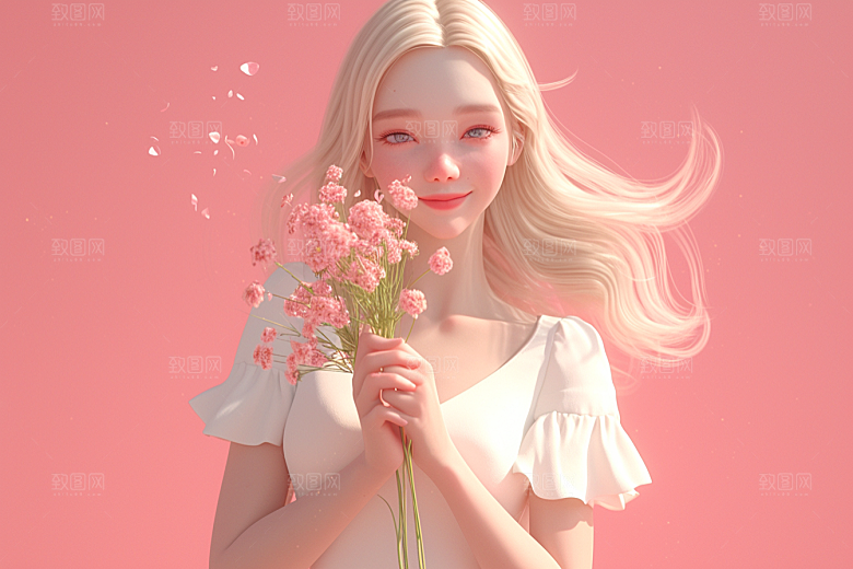 手捧鲜花的少女梦幻青春素材