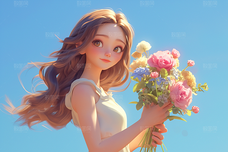 手捧鲜花的少女清新人物素材