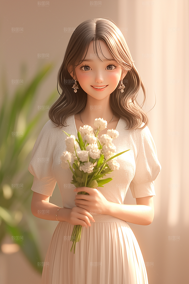 手捧鲜花的少女立体唯美素材