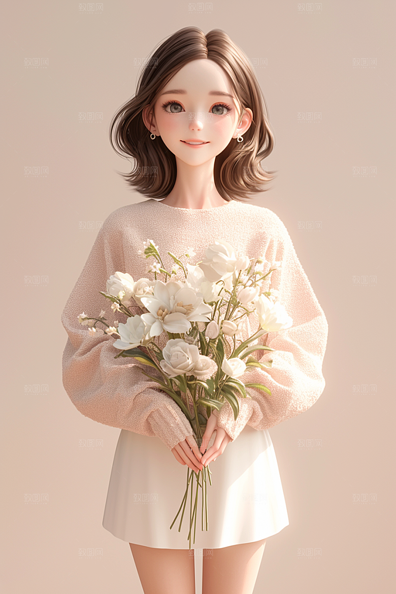 手捧鲜花的少女3D人物素材