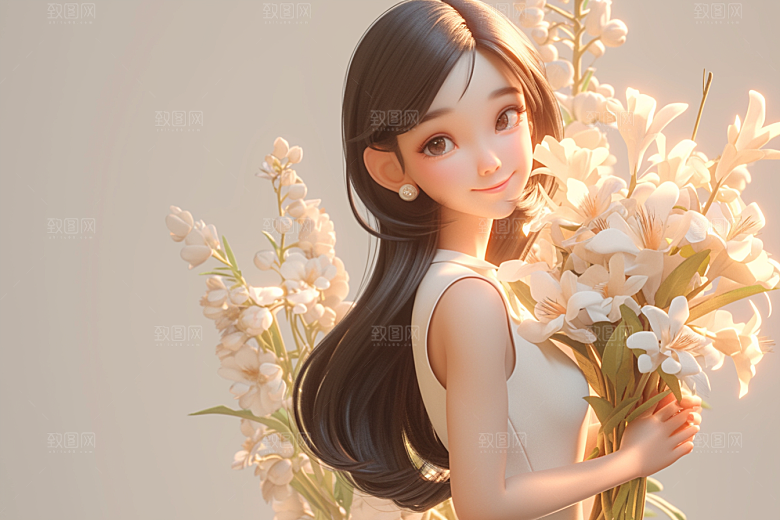 手捧鲜花的少女立体清新素材
