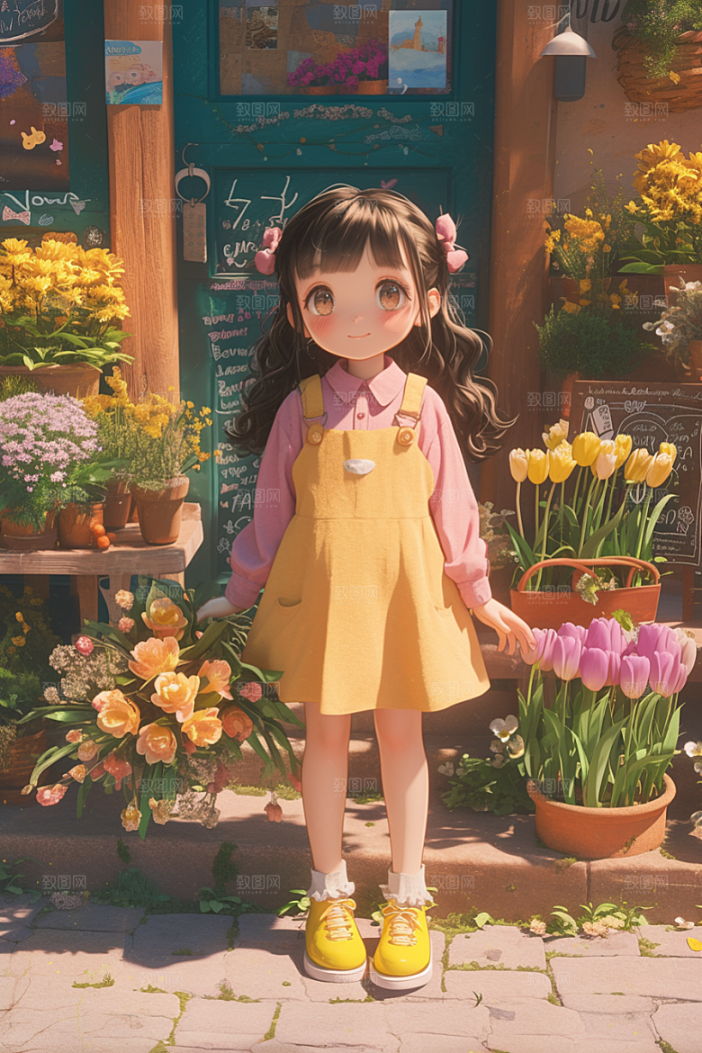 手捧鲜花的少女肖像烂漫素材