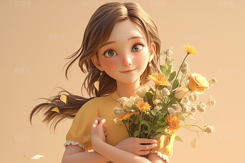 手捧鲜花的少女肖像3D素材