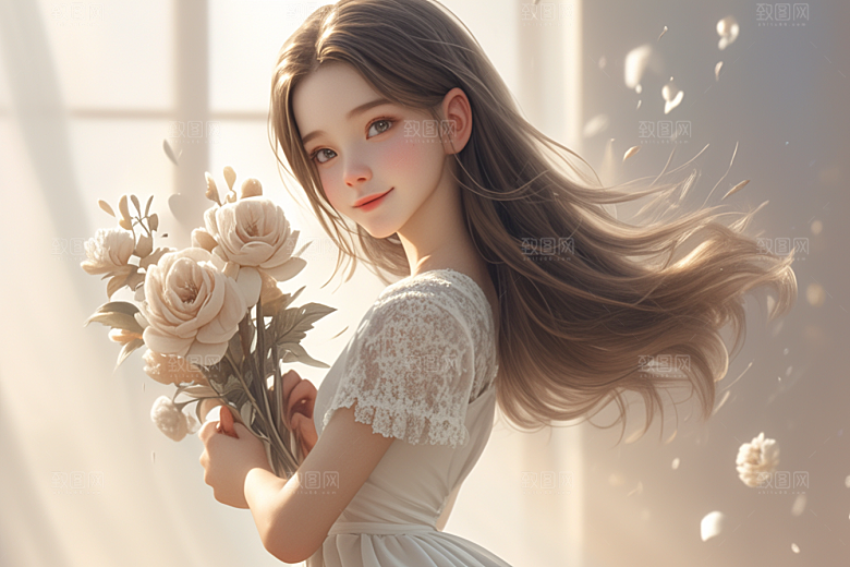 手捧鲜花的少女花朵烂漫素材