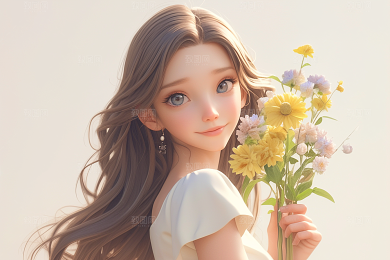 手捧鲜花的少女模型唯美素材