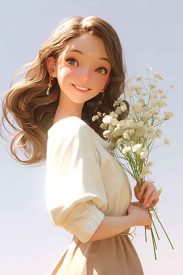 手捧鲜花的少女模型春天素材