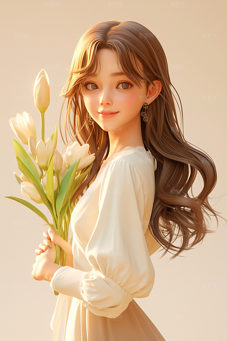 手捧鲜花的少女花朵模型素材