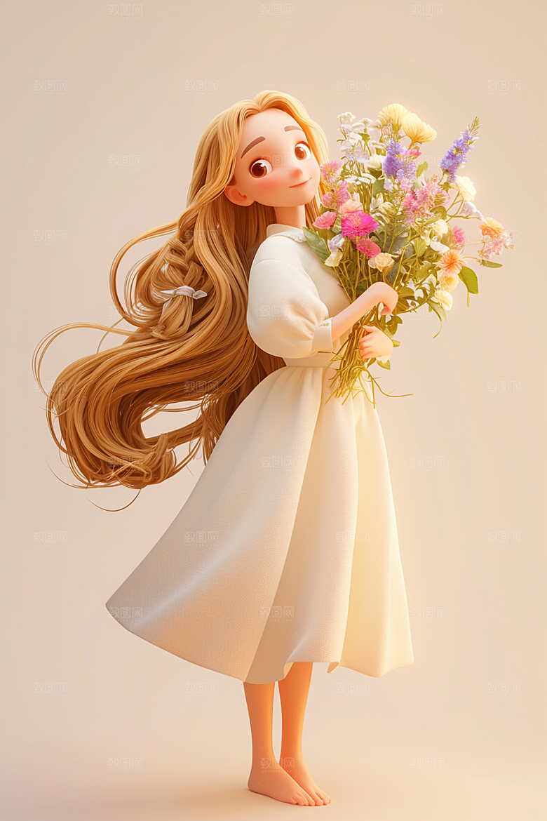 手捧鲜花的少女青春模型素材