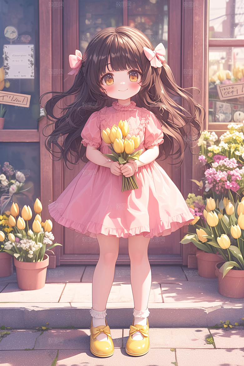 手捧鲜花的少女春天梦幻素材