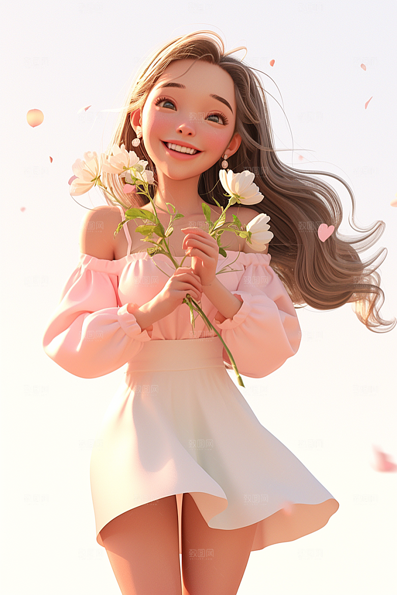 手捧鲜花的少女梦幻烂漫素材