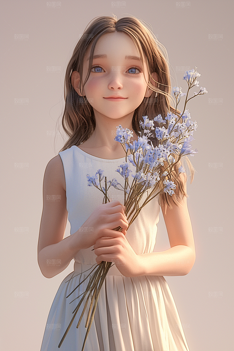 手捧鲜花的少女自然3D素材