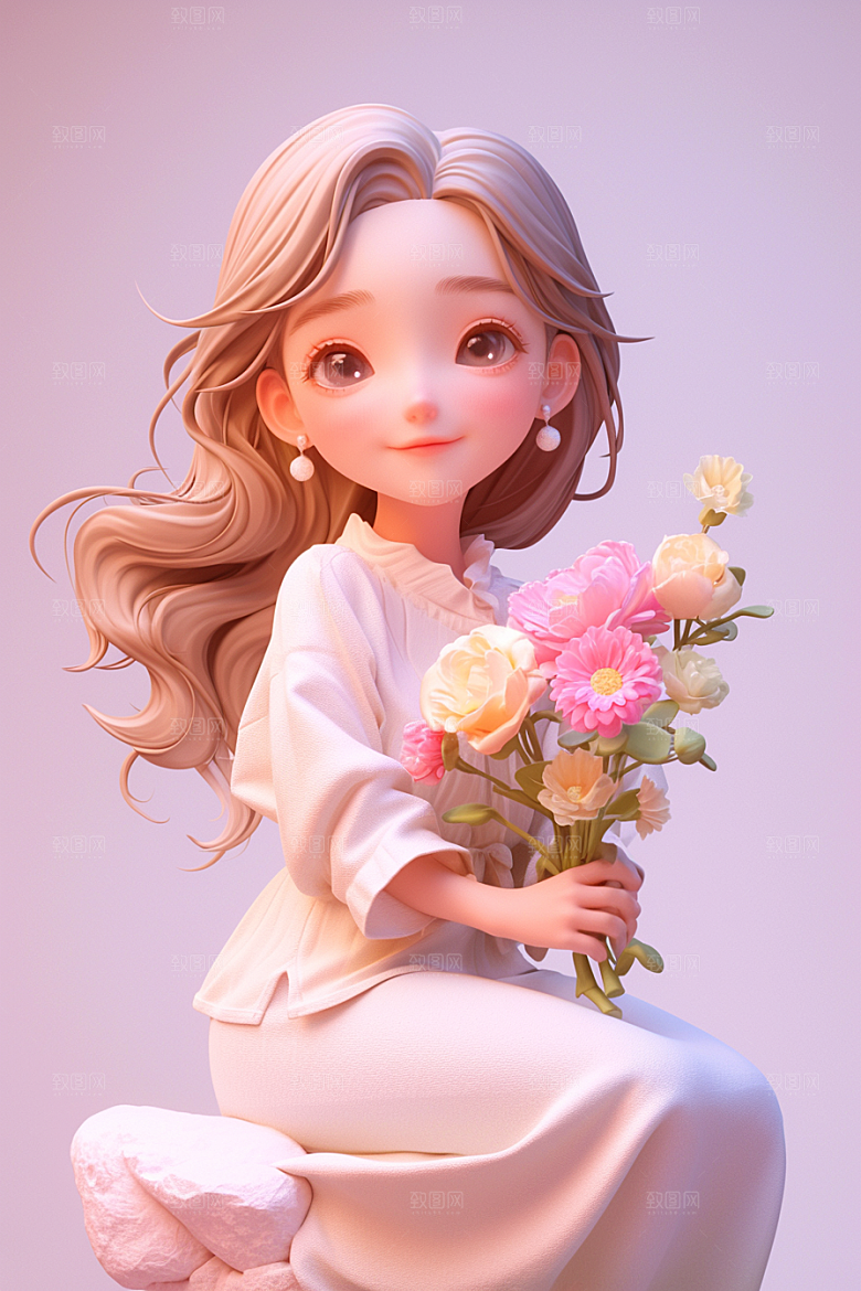 手捧鲜花的少女春天3D素材
