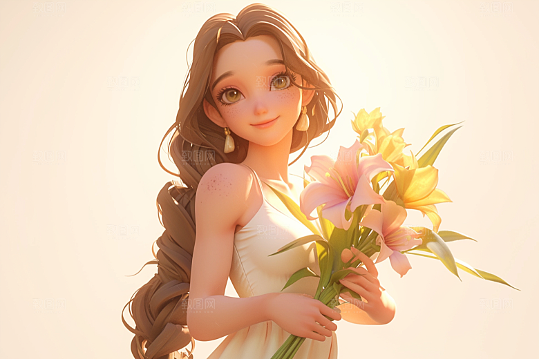手捧鲜花的少女烂漫立体素材