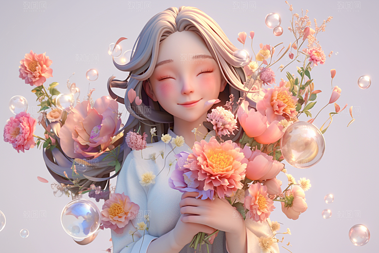 手捧鲜花的少女烂漫梦幻素材