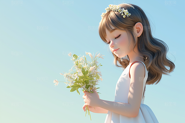 手捧鲜花的少女飞舞的裙摆青春素材