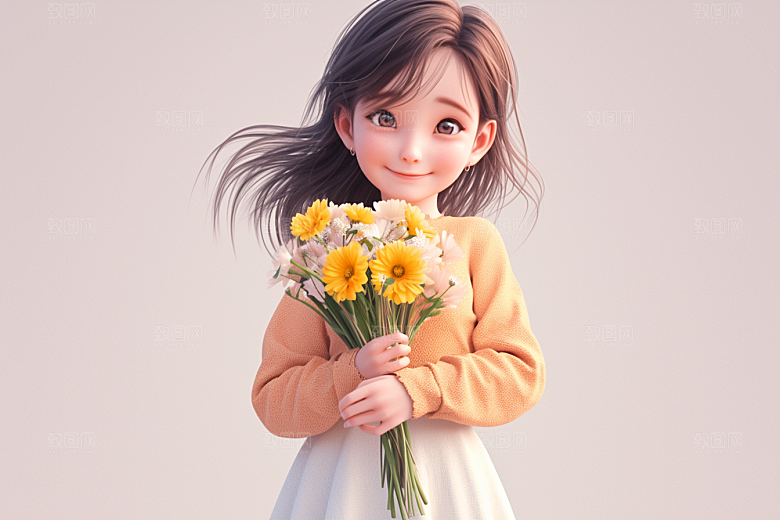 手捧鲜花的少女唯美肖像素材