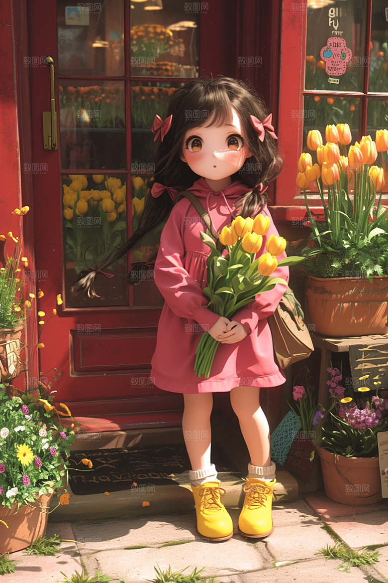 手捧鲜花的少女飞舞的裙摆3D素材