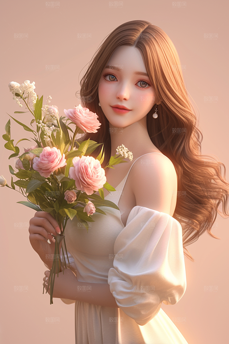 手捧鲜花的少女人物花朵素材