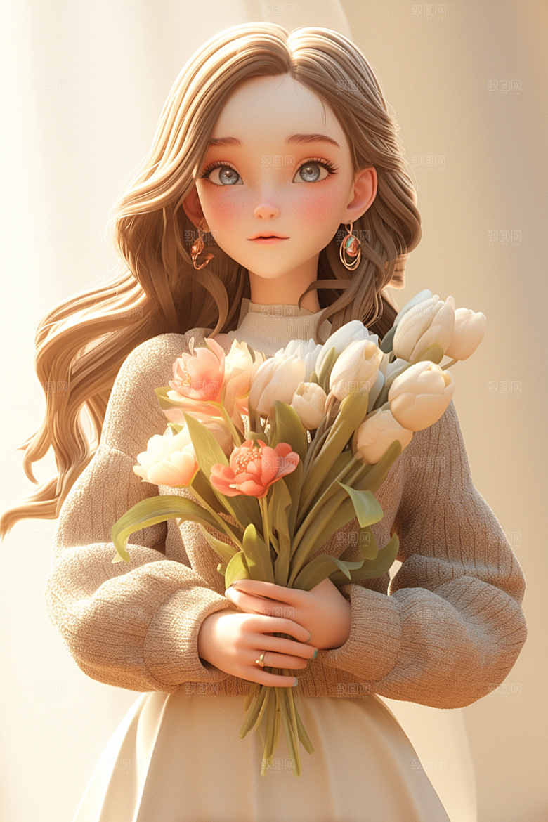 手捧鲜花的少女肖像梦幻素材