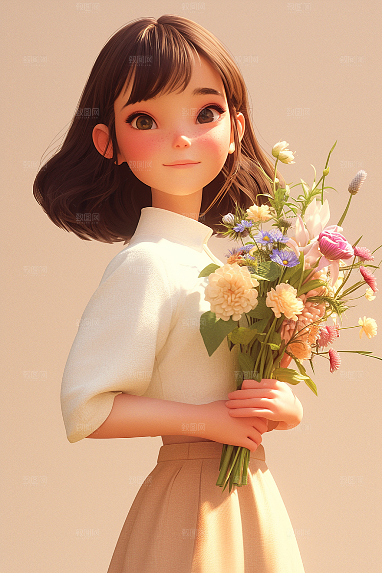 手捧鲜花的少女唯美3D素材