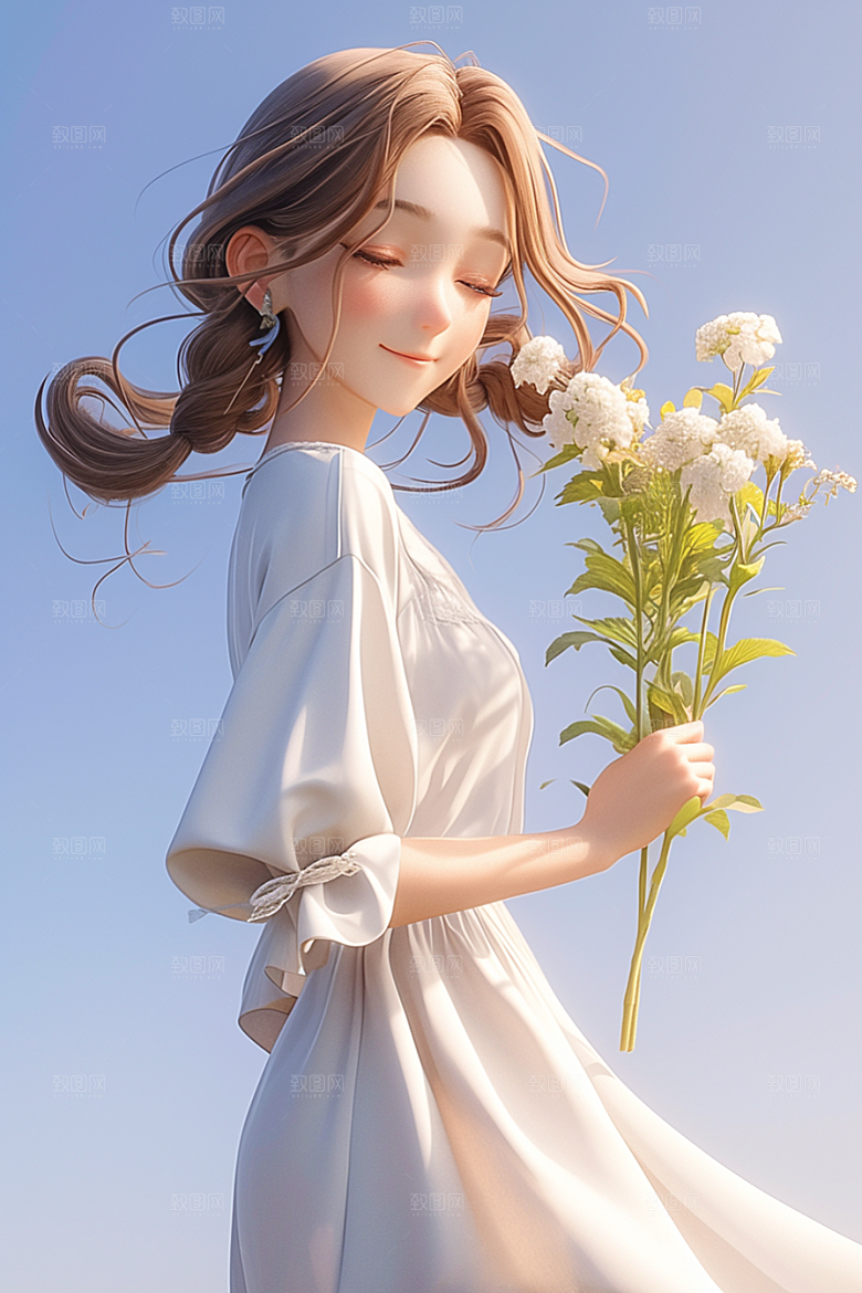 手捧鲜花的少女飞舞的裙摆3D素材