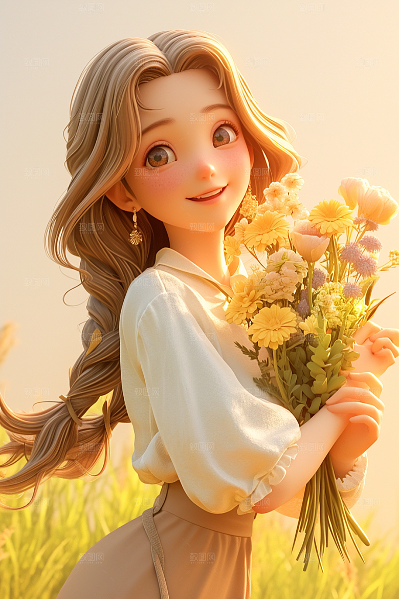 手捧鲜花的少女自然青春素材