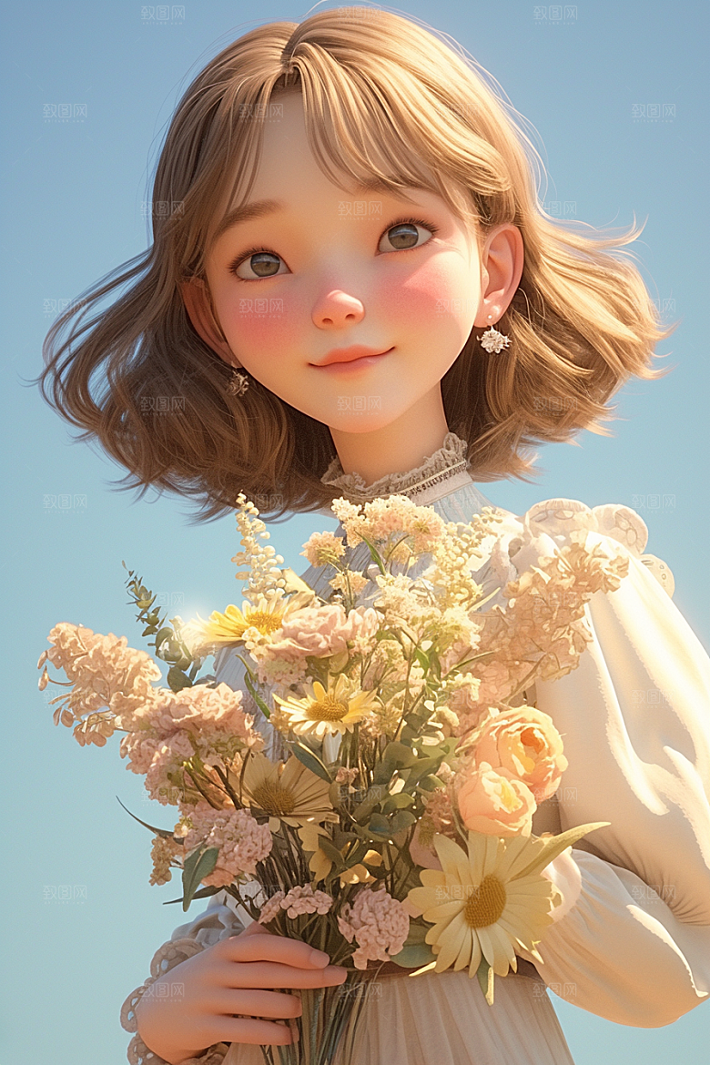 手捧鲜花的少女模型烂漫素材