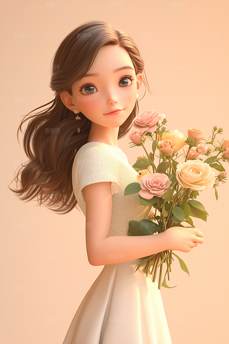 手捧鲜花的少女烂漫立体素材