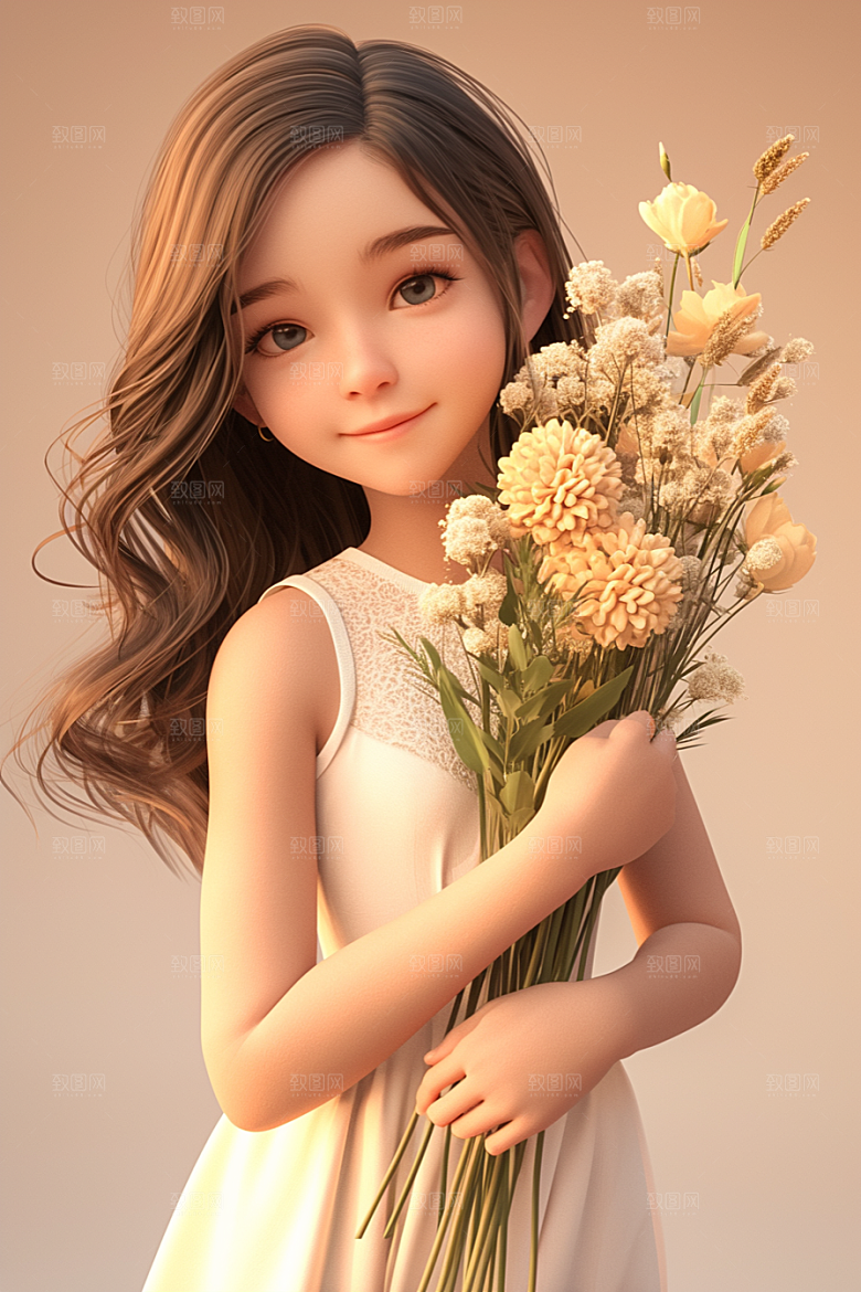 手捧鲜花的少女模型梦幻素材