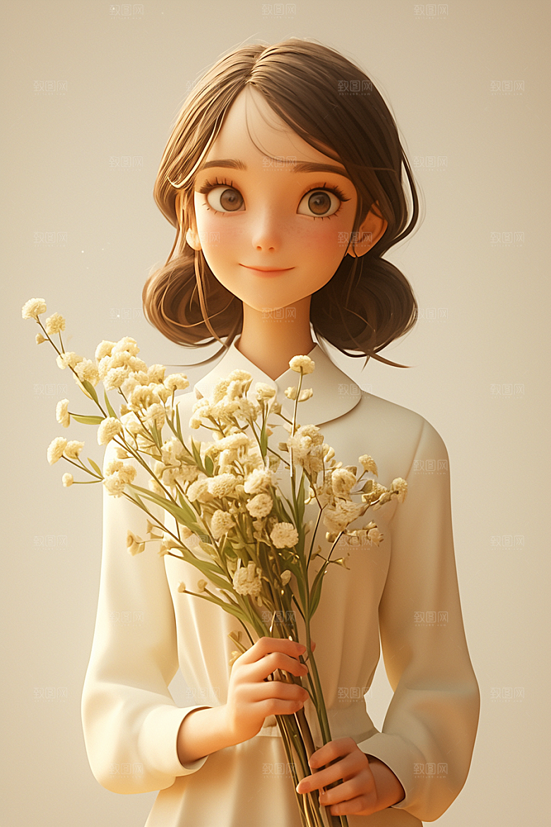 手捧鲜花的少女唯美春天素材