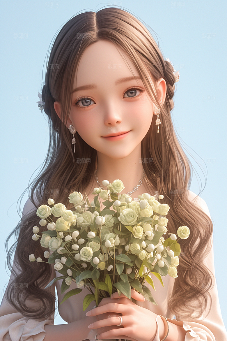 手捧鲜花的少女花朵立体素材
