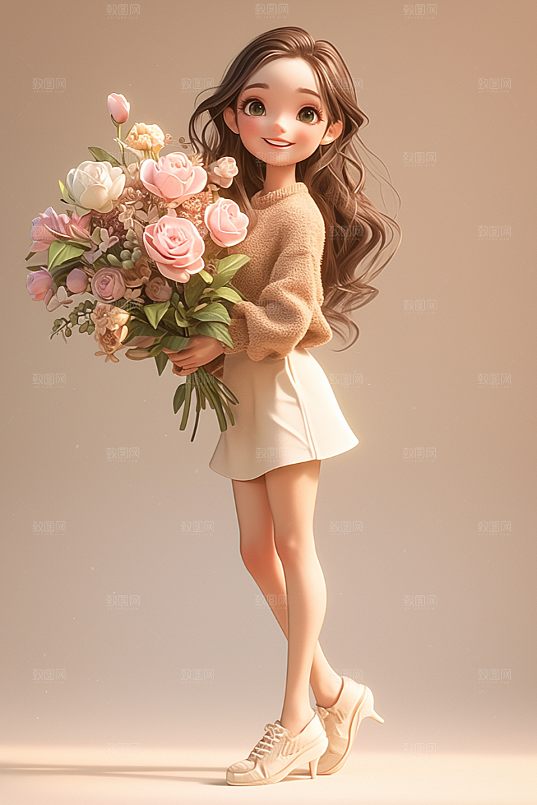 手捧鲜花的少女立体自然素材