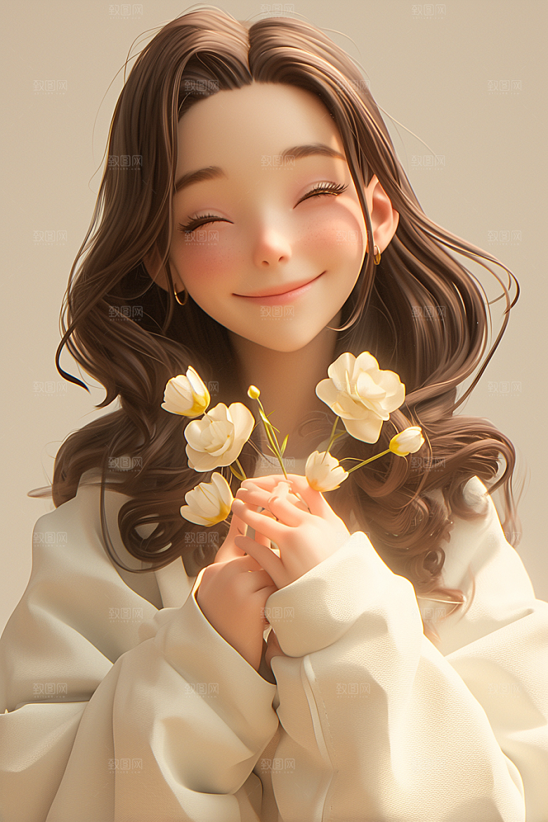手捧鲜花的少女立体梦幻素材