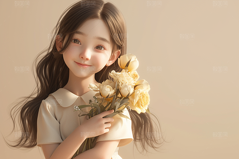 手捧鲜花的少女清新青春素材