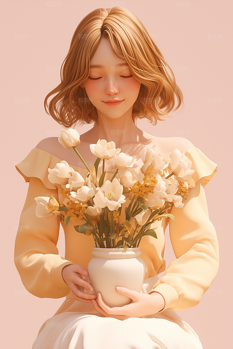 手捧鲜花的少女自然立体素材