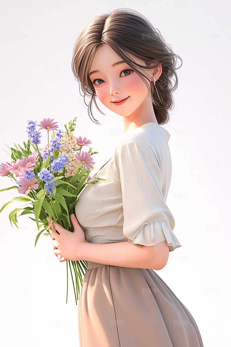 手捧鲜花的少女立体人物素材