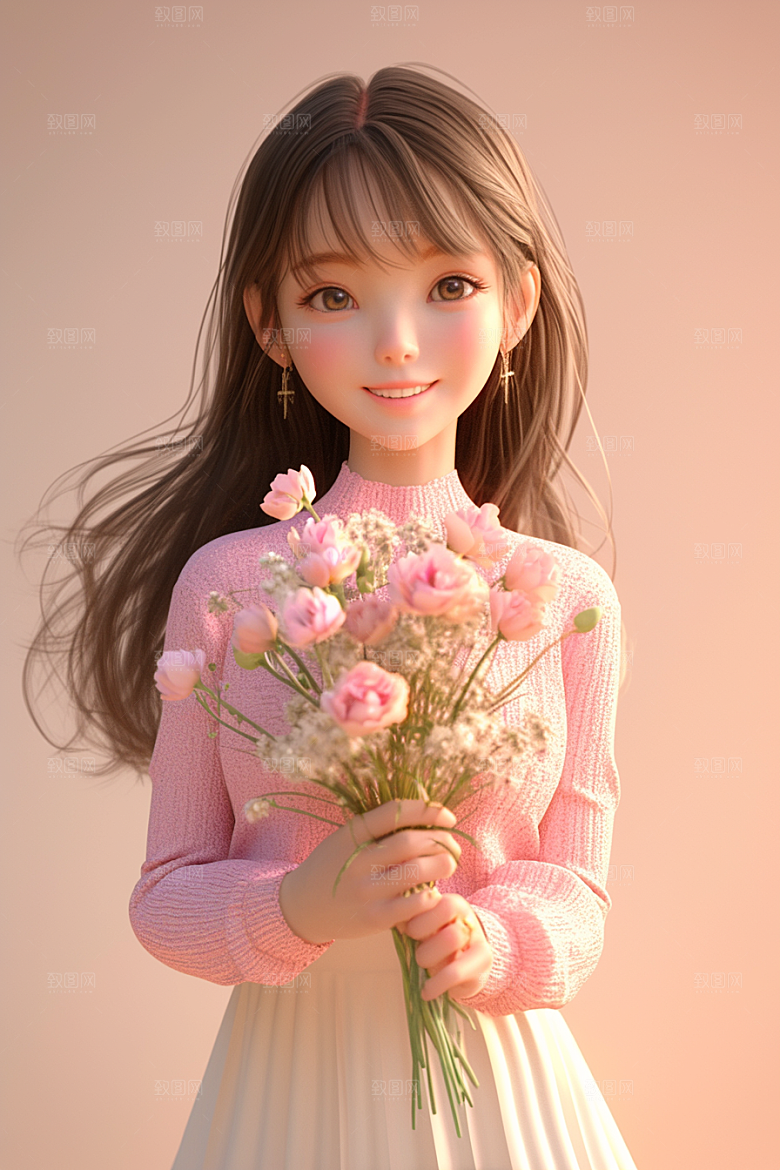 手捧鲜花的少女青春肖像素材