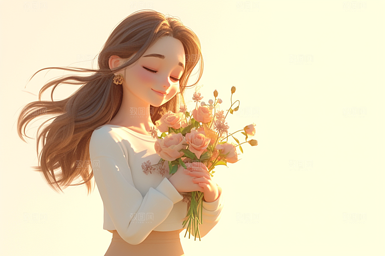 手捧鲜花的少女人物青春素材