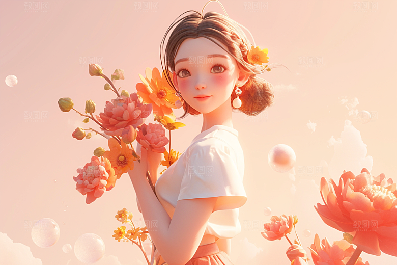 手捧鲜花的少女烂漫青春素材