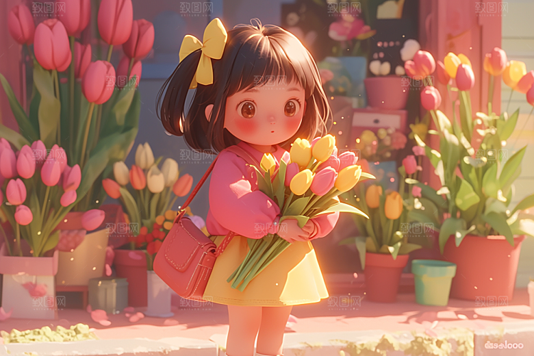 手捧鲜花的少女人物模型素材