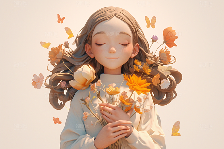手捧鲜花的少女3D立体素材