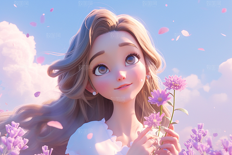 手捧鲜花的少女清新立体素材