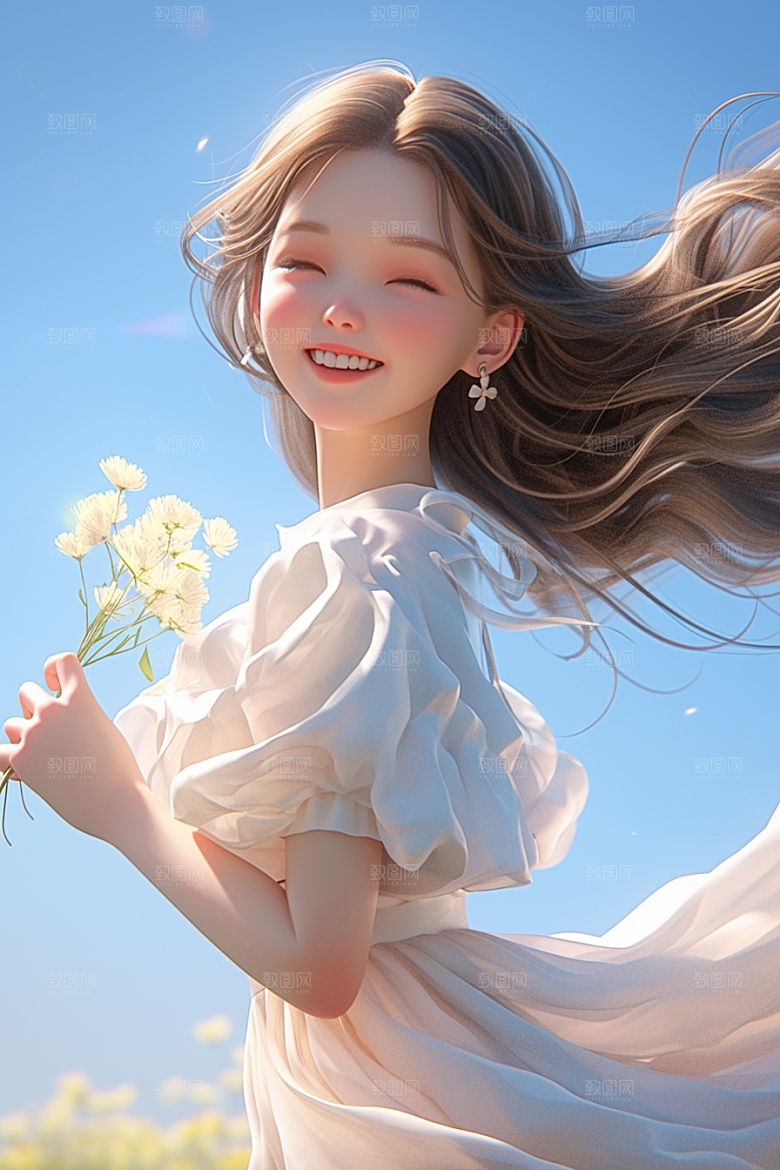手捧鲜花的少女清新花朵素材