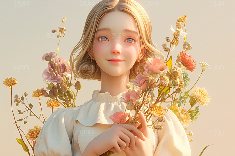 手捧鲜花的少女唯美立体素材